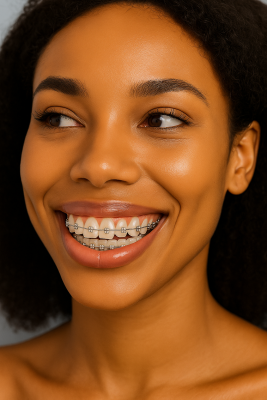 Lächelnde Frau mit Zahnspange Laechelnde Frau mit Zahnspange